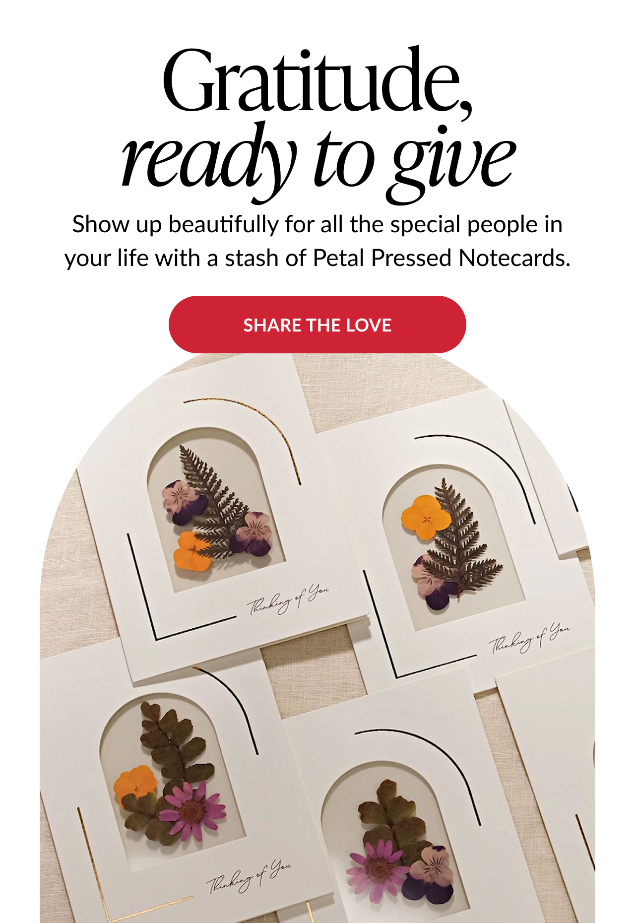 Flat lay of pressed flower notecards with Thinking of You message and Share the Love button