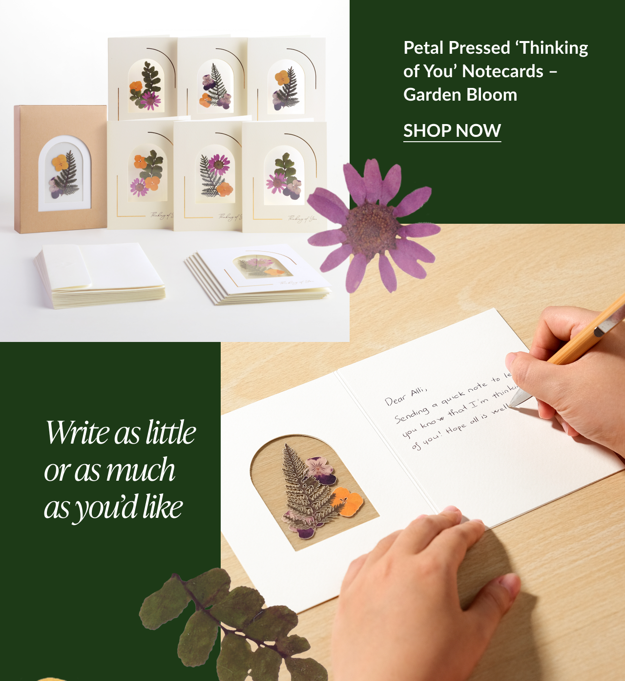 Set of Garden Bloom notecards displayed with envelope stack and hand writing a personal note