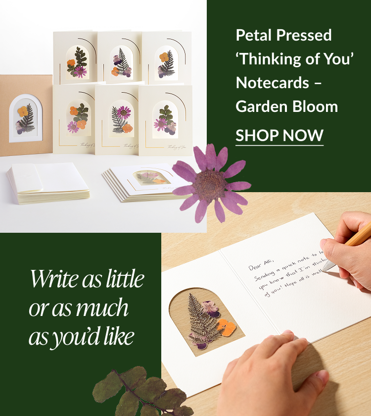 Set of Garden Bloom notecards displayed with envelope stack and hand writing a personal note