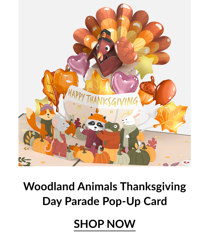 Thanksgiving parade pop-up card with woodland animals, turkey, balloons, and fall leaves
