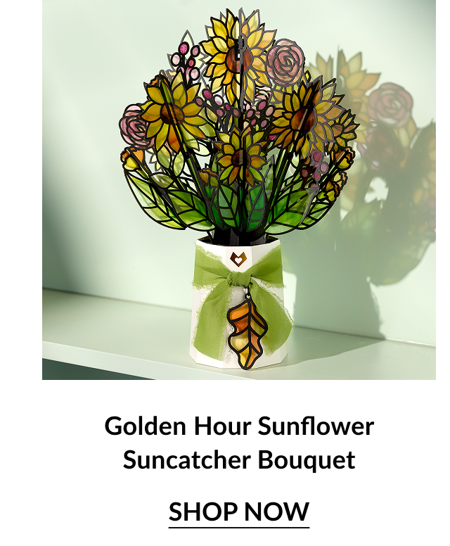 Sunflower Suncatcher Bouquet card with stained glass look and green ribbon