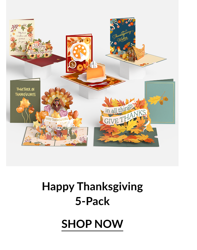 Thanksgiving five-pack with six festive cards featuring turkeys, leaves, pumpkins, and messages of thanks
