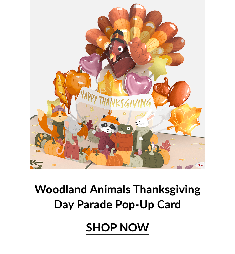 Thanksgiving parade pop-up card with woodland animals, turkey, balloons, and fall leaves