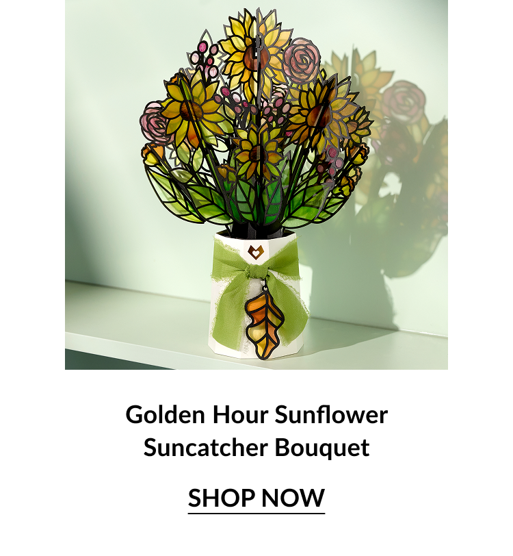Sunflower Suncatcher Bouquet card with stained glass look and green ribbon