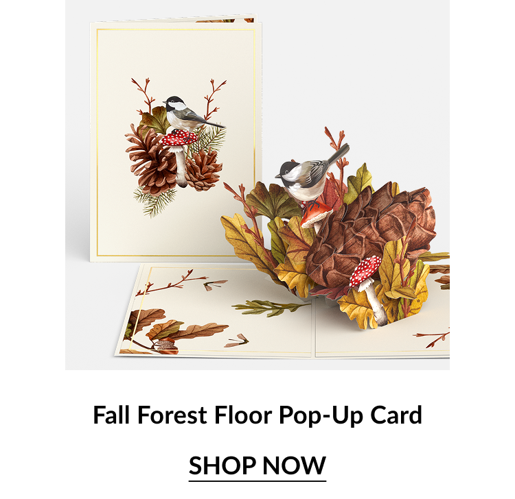 Fall Forest Floor card with birds, pinecones, autumn leaves, and red mushrooms