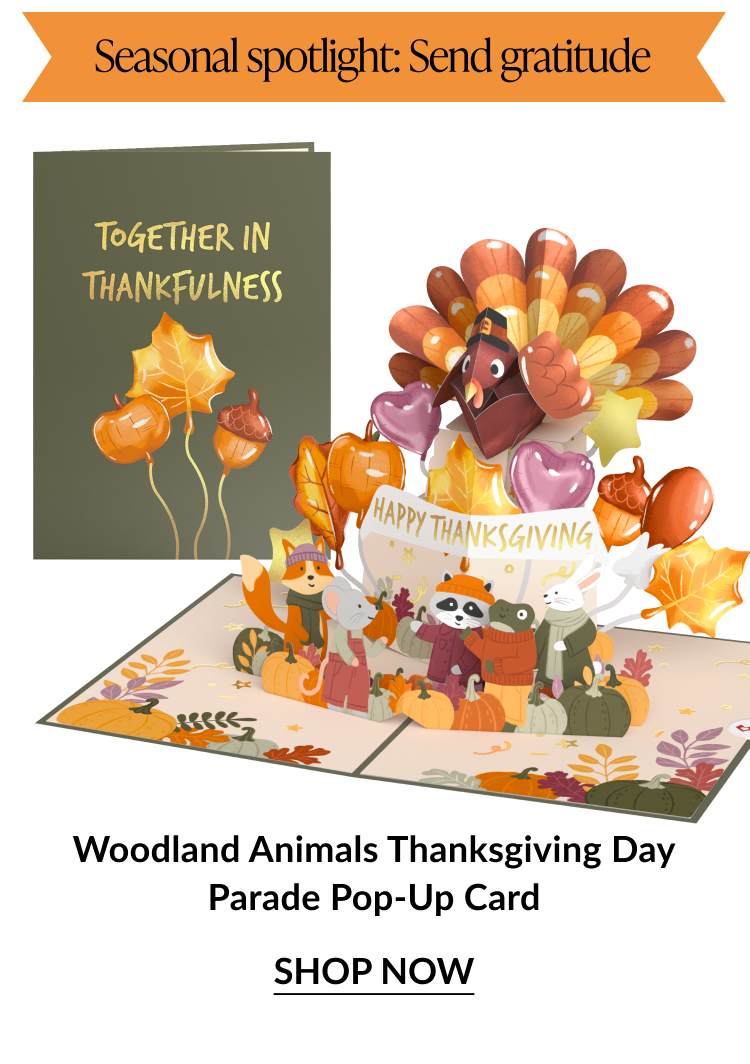 Thanksgiving pop up card featuring a turkey and woodland animals surrounded by pumpkins and leaves with Together in Thankfulness message and Seasonal Spotlight banner