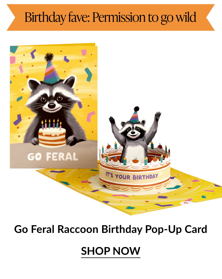 Go Feral Raccoon Birthday Pop Up Card featuring a smiling raccoon in a party hat emerging from a birthday cake with Birthday fave Permission to go wild banner and Shop Now button
