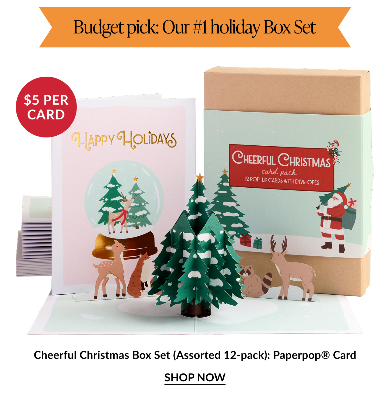 Cheerful Christmas Box Set featuring pop up Christmas tree deer and Santa with Budget pick Our number one holiday Box Set banner five dollar per card badge and Shop Now button