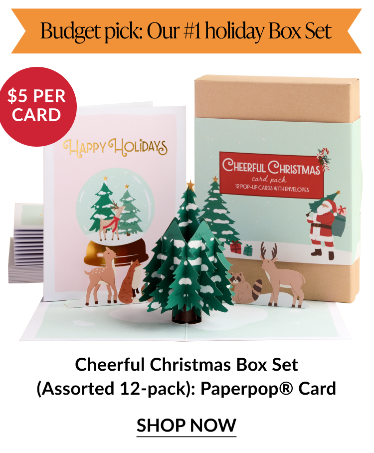 Cheerful Christmas Box Set featuring pop up Christmas tree deer and Santa with Budget pick Our number one holiday Box Set banner five dollar per card badge and Shop Now button