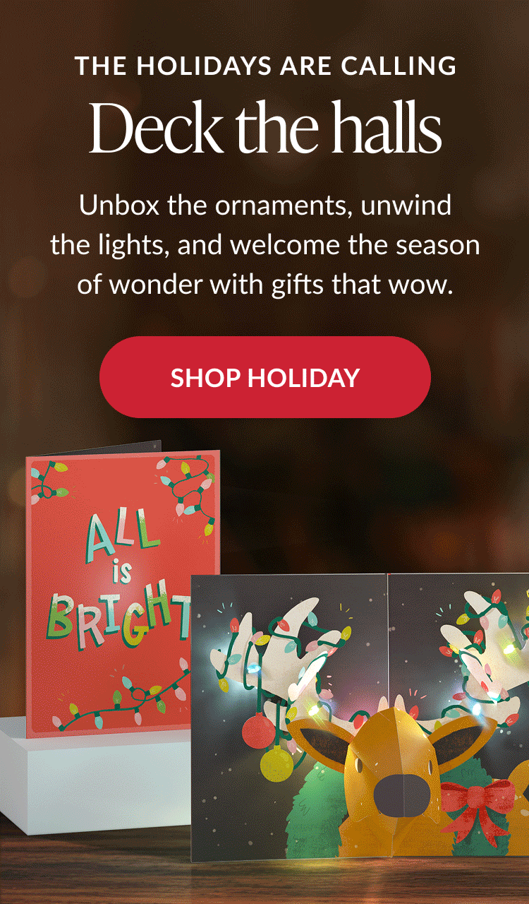 Holiday cards with all is bright message and glowing reindeer antlers
