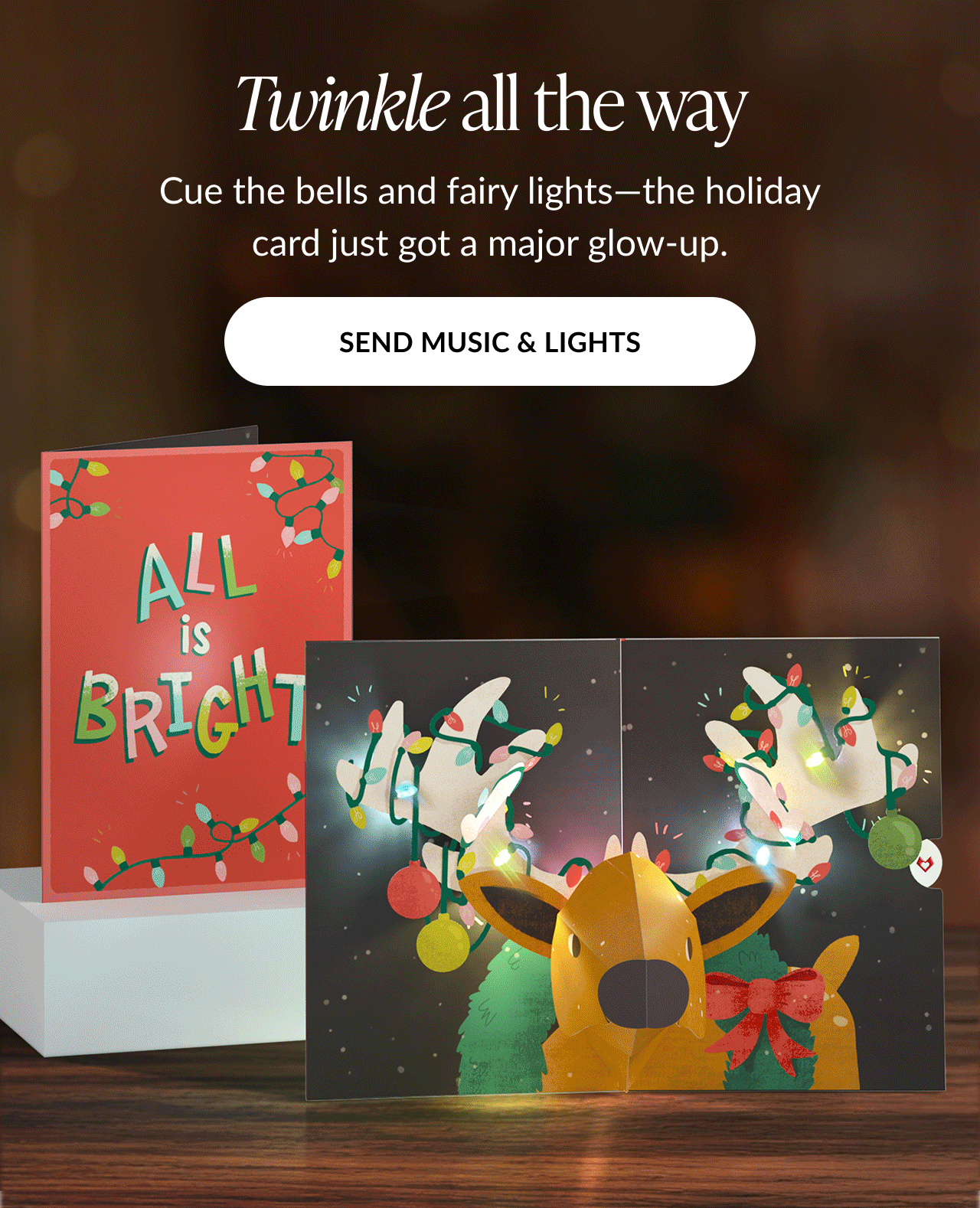 All is bright music and lights holiday card with reindeer pop up