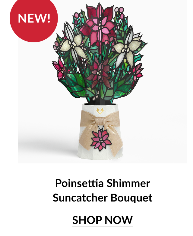 Poinsettia Shimmer Suncatcher Bouquet with multicolor flowers and NEW badge