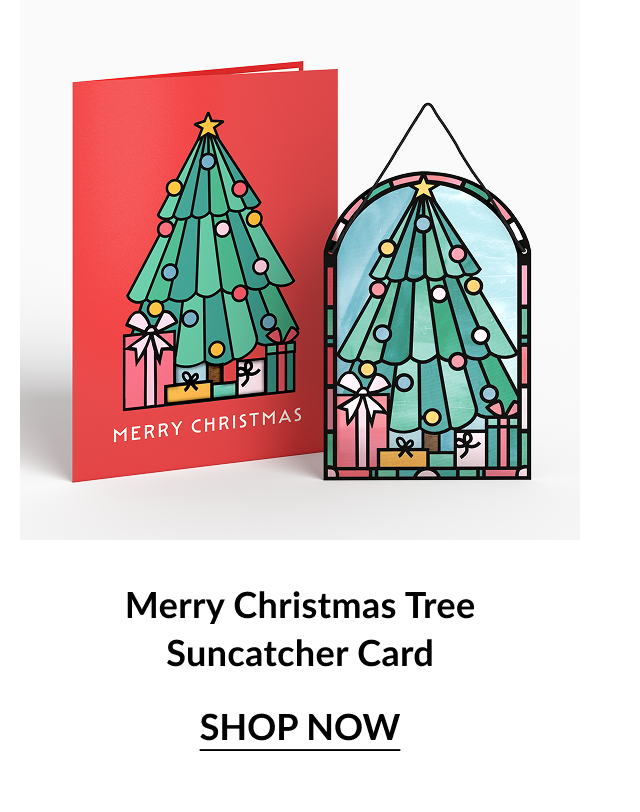 Merry Christmas Tree Suncatcher Card with red background and stained-glass-style hanging ornament