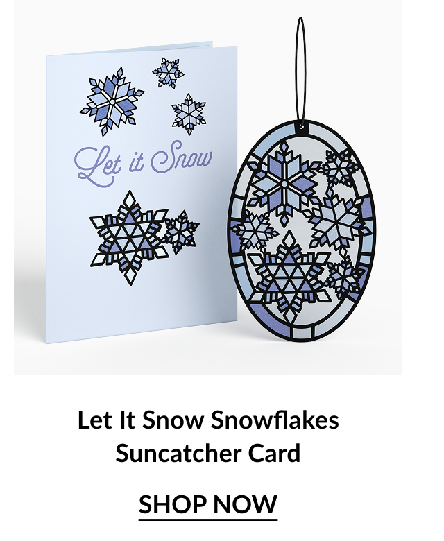 Let It Snow Snowflakes Suncatcher Card with icy blue tones and matching ornament