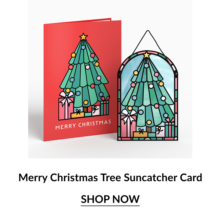 Merry Christmas Tree Suncatcher Card with red background and stained-glass-style hanging ornament