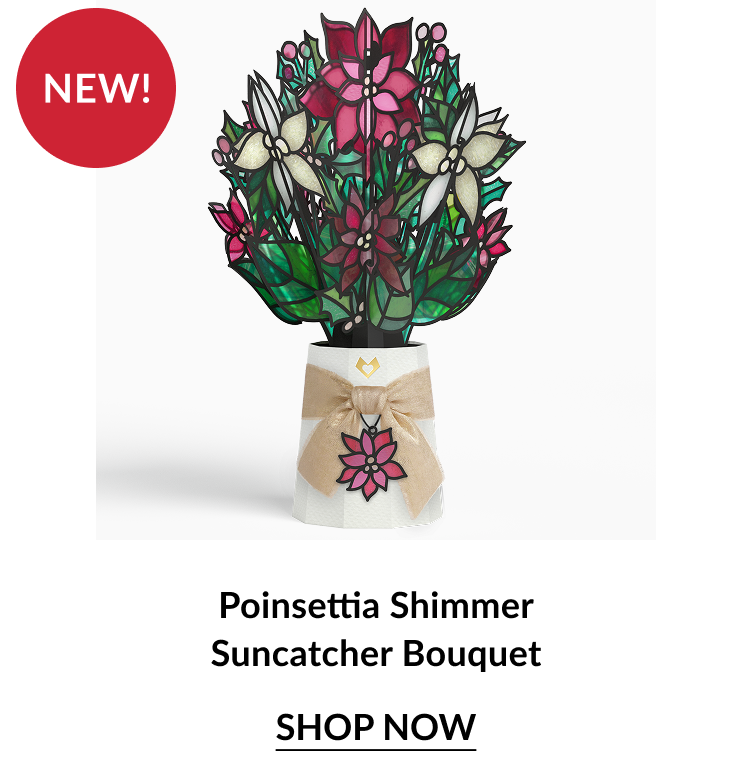 Poinsettia Shimmer Suncatcher Bouquet with multicolor flowers and NEW badge