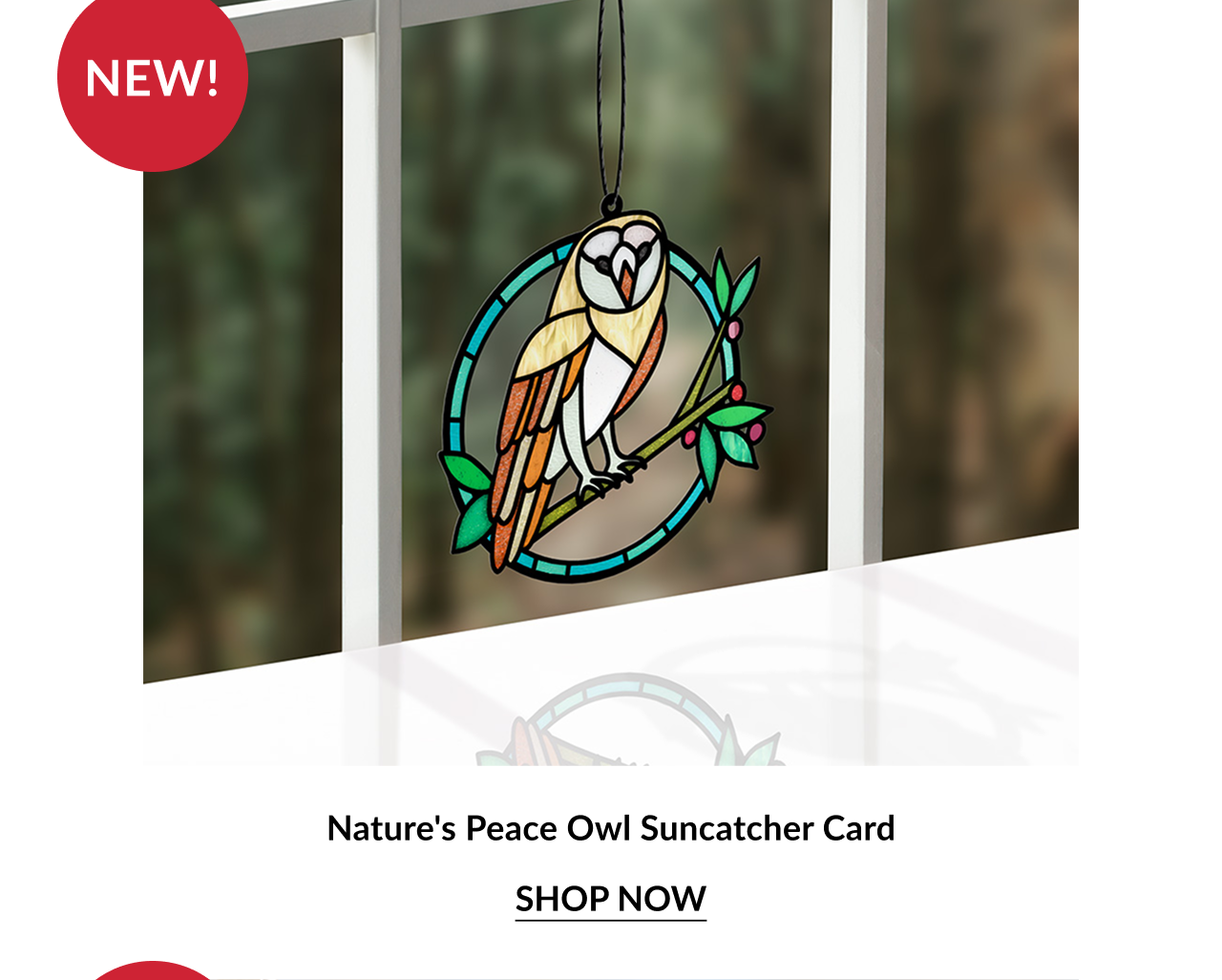 Nature's Peace Owl Suncatcher Card with a stained glass owl perched on a branch in a blue circular frame