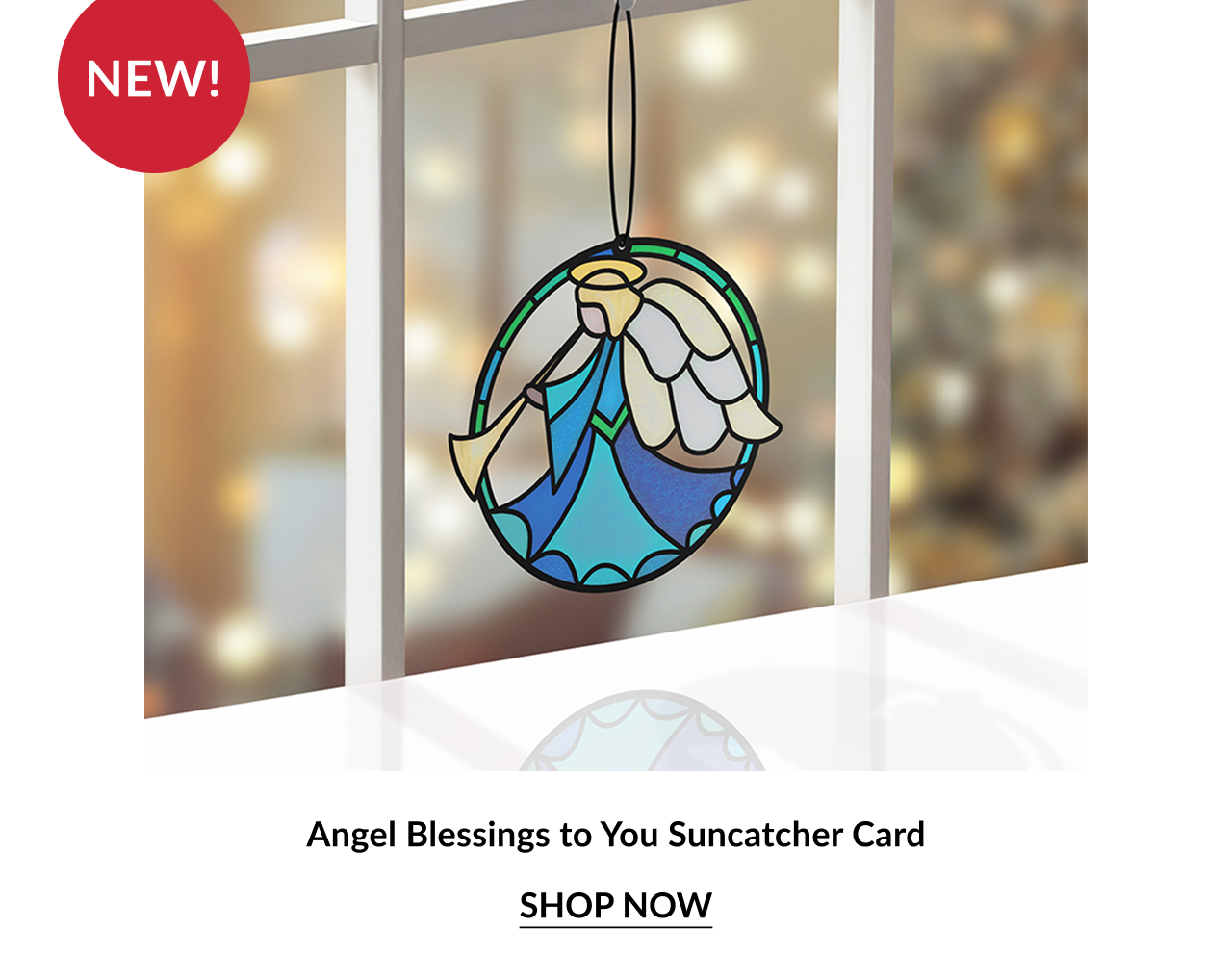 Angel Blessings to You Suncatcher Card featuring a stylized angel in shades of white, blue, and gold