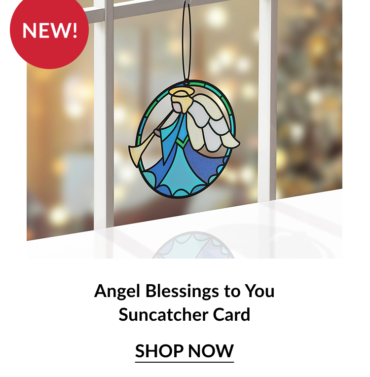 Angel Blessings to You Suncatcher Card featuring a stylized angel in shades of white, blue, and gold