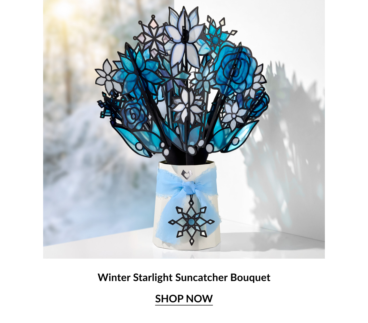 Winter Starlight Suncatcher Bouquet repeated, with a close-up of the blue and white floral arrangement