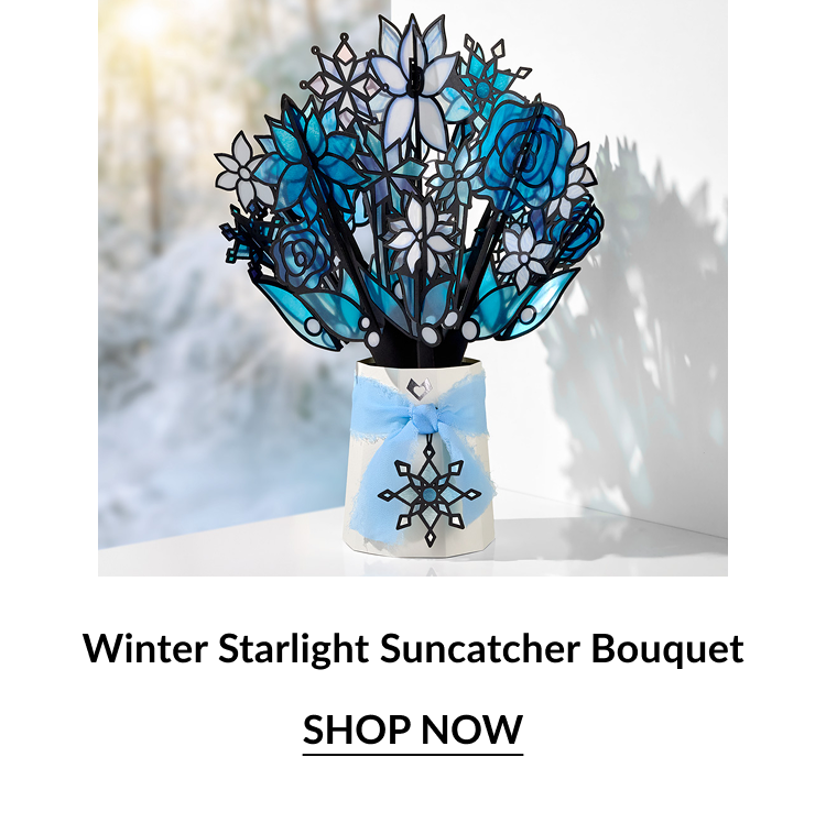 Winter Starlight Suncatcher Bouquet repeated, with a close-up of the blue and white floral arrangement