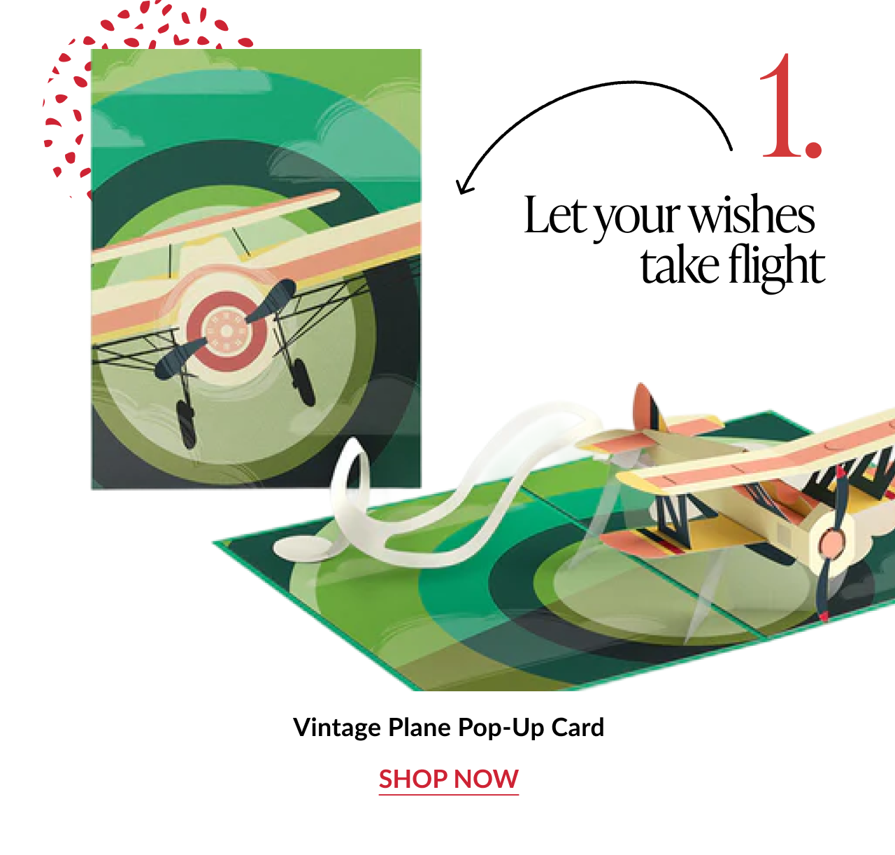 Vintage Plane Pop-Up Card with retro airplane soaring above green runway