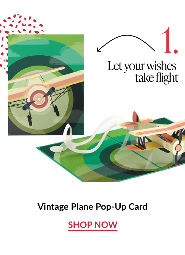 Vintage Plane Pop-Up Card with retro airplane soaring above green runway