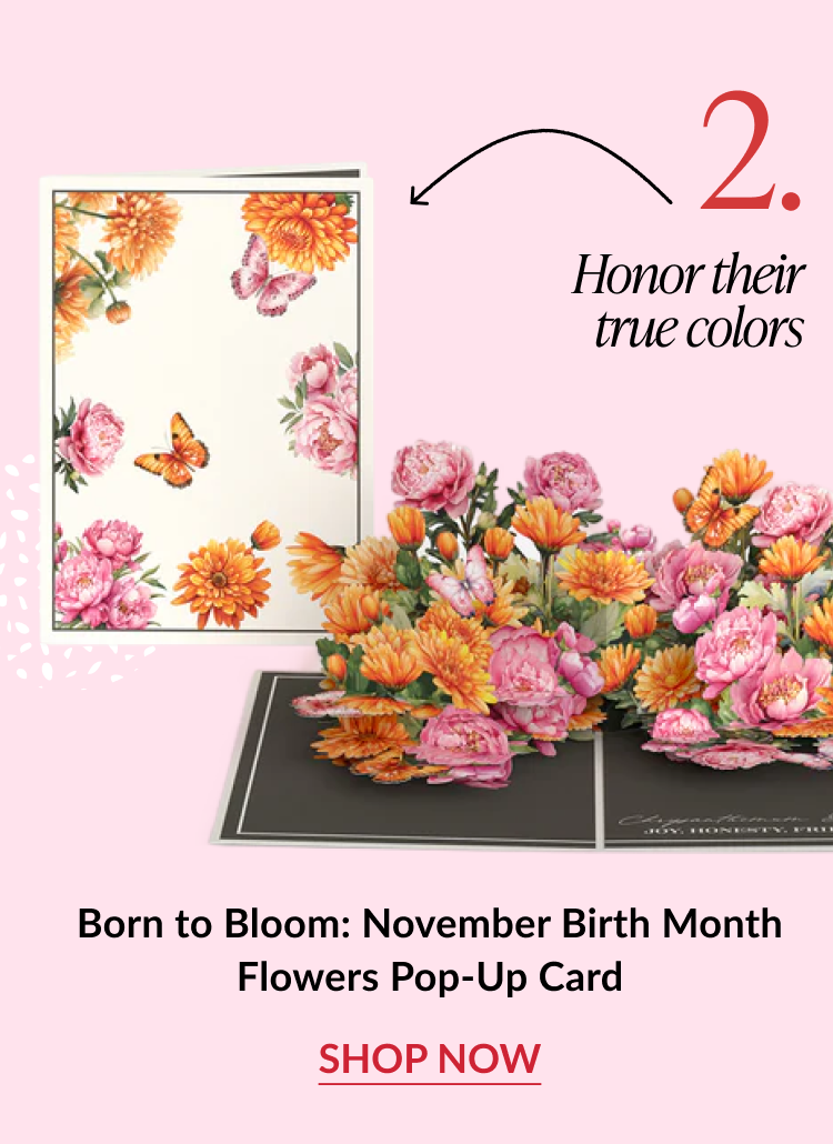 November Birth Month Flowers Pop-Up Card with vibrant pink and orange florals and butterflies