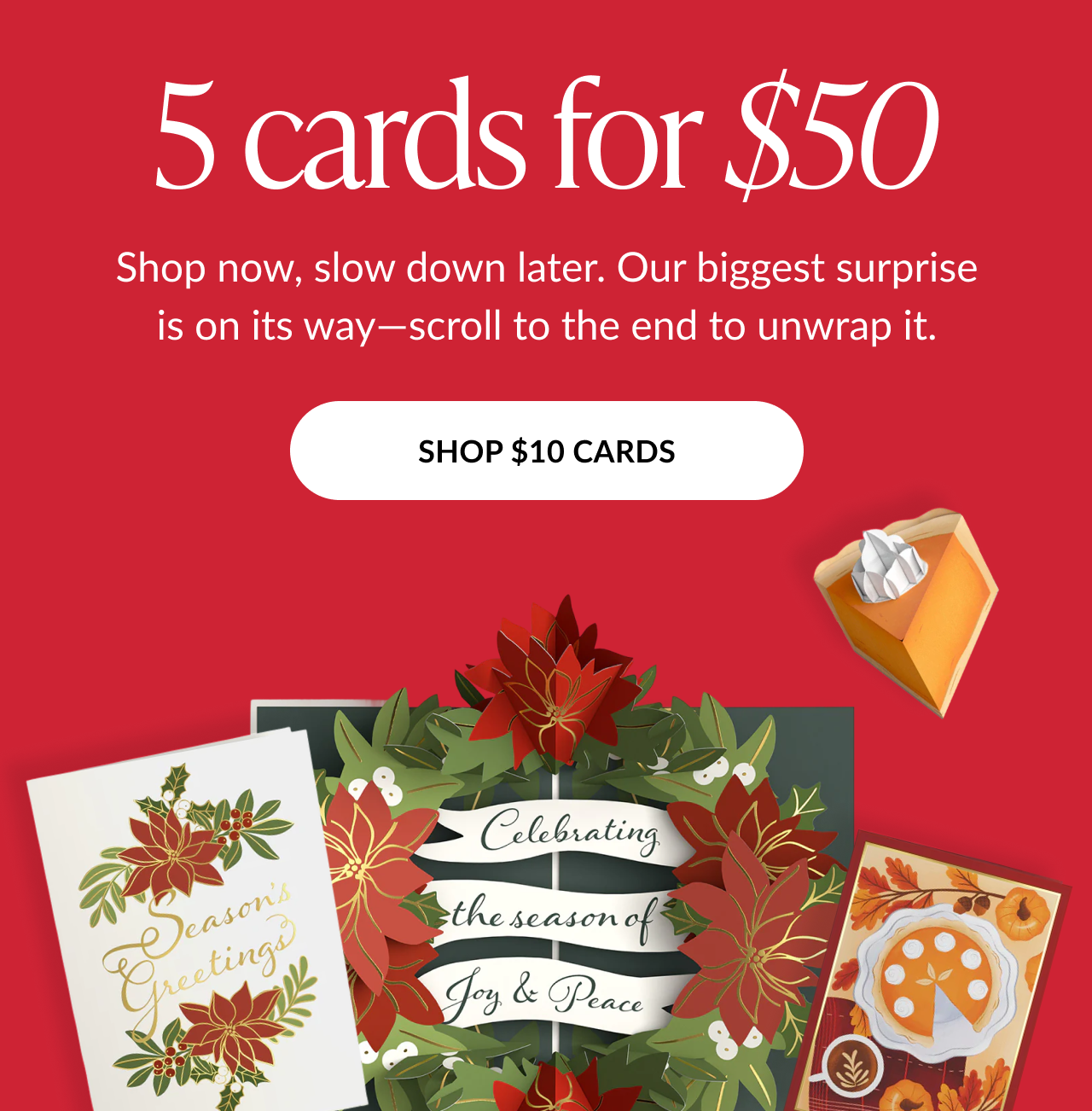 Red holiday offer graphic with headline 5 cards for 50 and shop 10 cards button