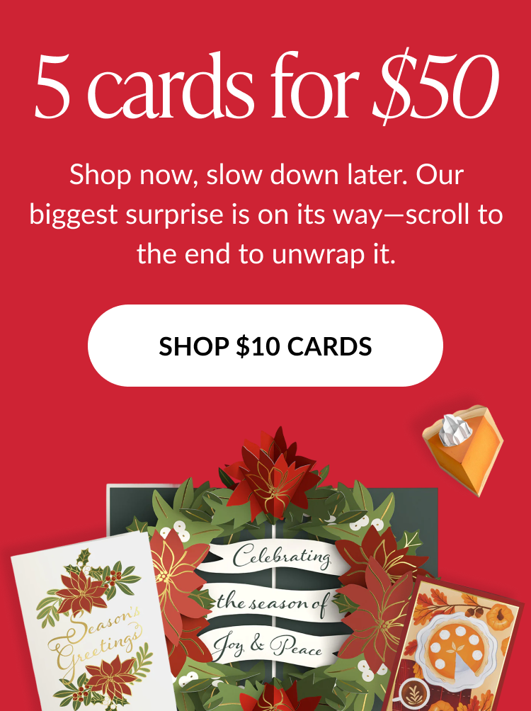 Red holiday offer graphic with headline 5 cards for 50 and shop 10 cards button