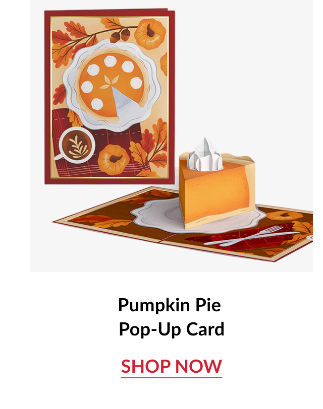 Pumpkin Pie Pop Up Card with fall pie artwork and shop now