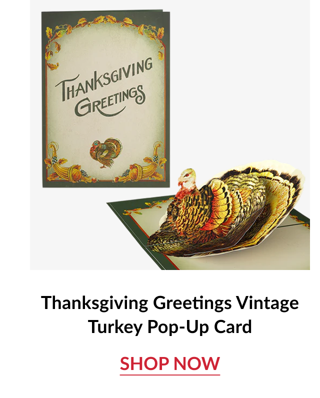 Thanksgiving Greetings Vintage Turkey Pop Up Card with vintage turkey artwork and shop now