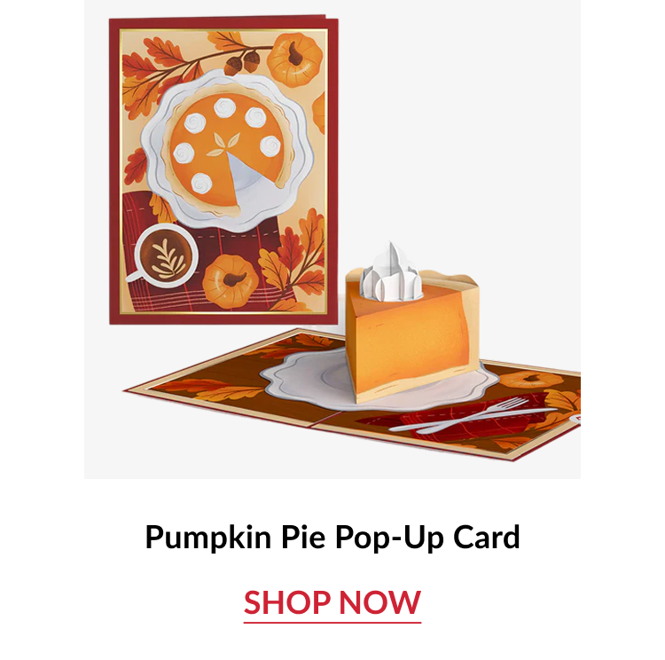 Pumpkin Pie Pop Up Card with fall pie artwork and shop now