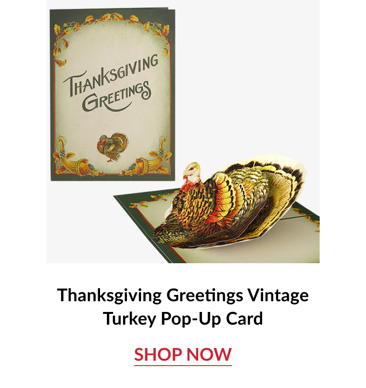 Thanksgiving Greetings Vintage Turkey Pop Up Card with vintage turkey artwork and shop now