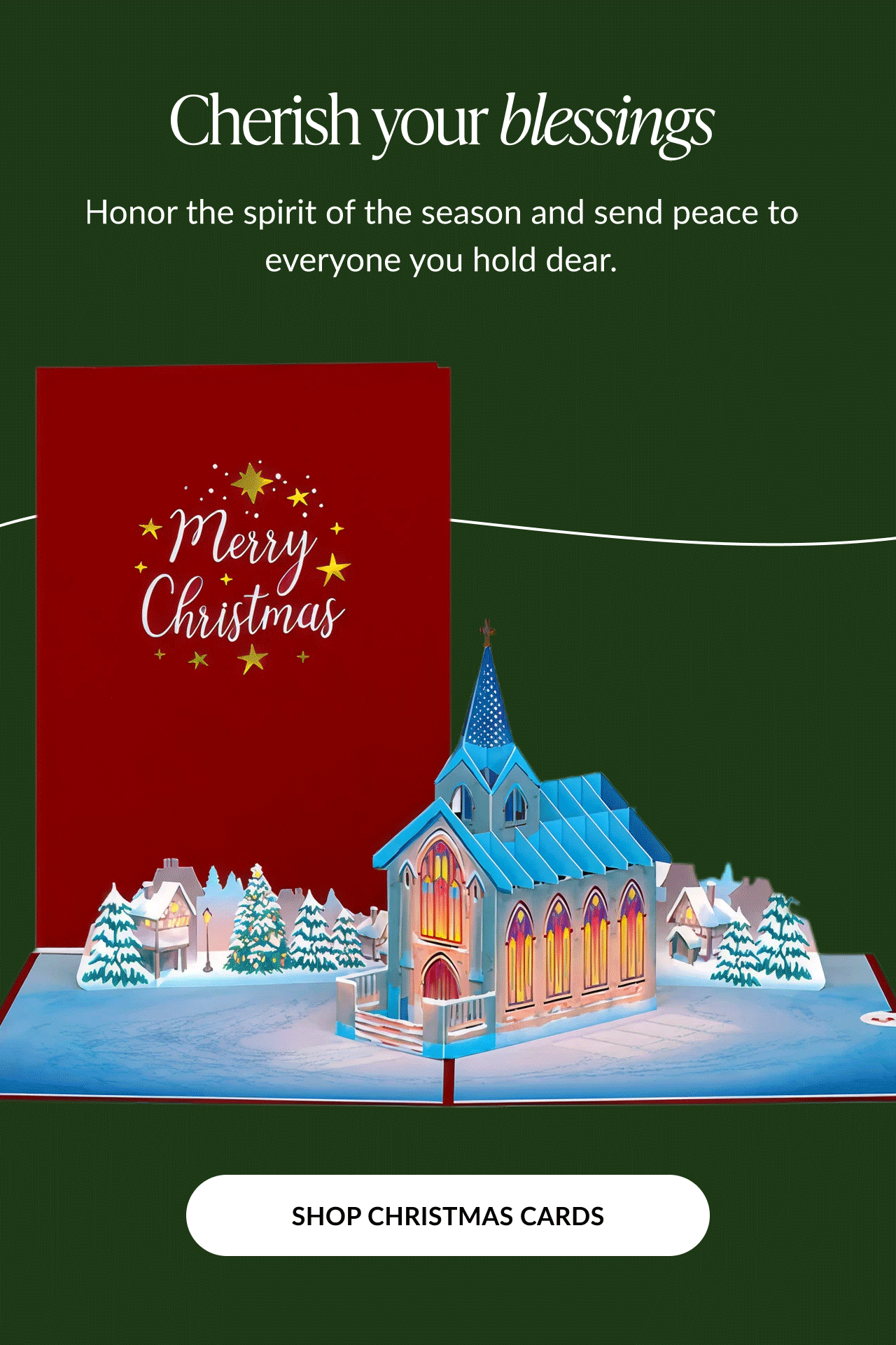 Cherish your blessings message with pop up church Christmas card and shop Christmas cards button