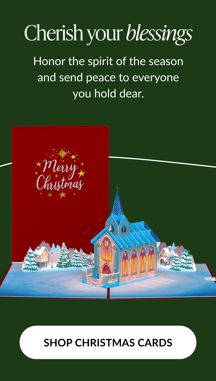 Cherish your blessings message with pop up church Christmas card and shop Christmas cards button