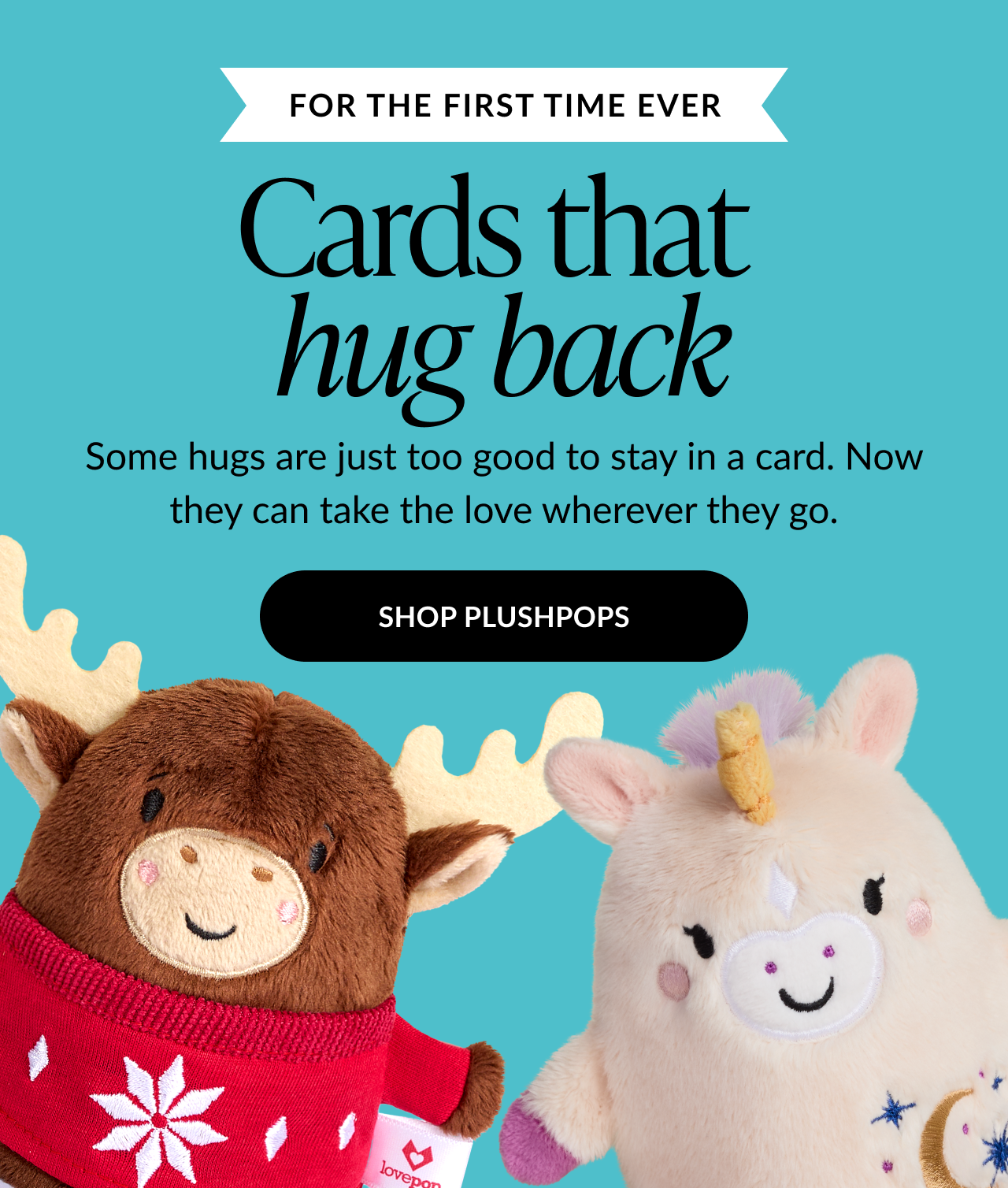 Blue background graphic with headline Cards that hug back featuring moose and unicorn plush characters and shop plushpops button