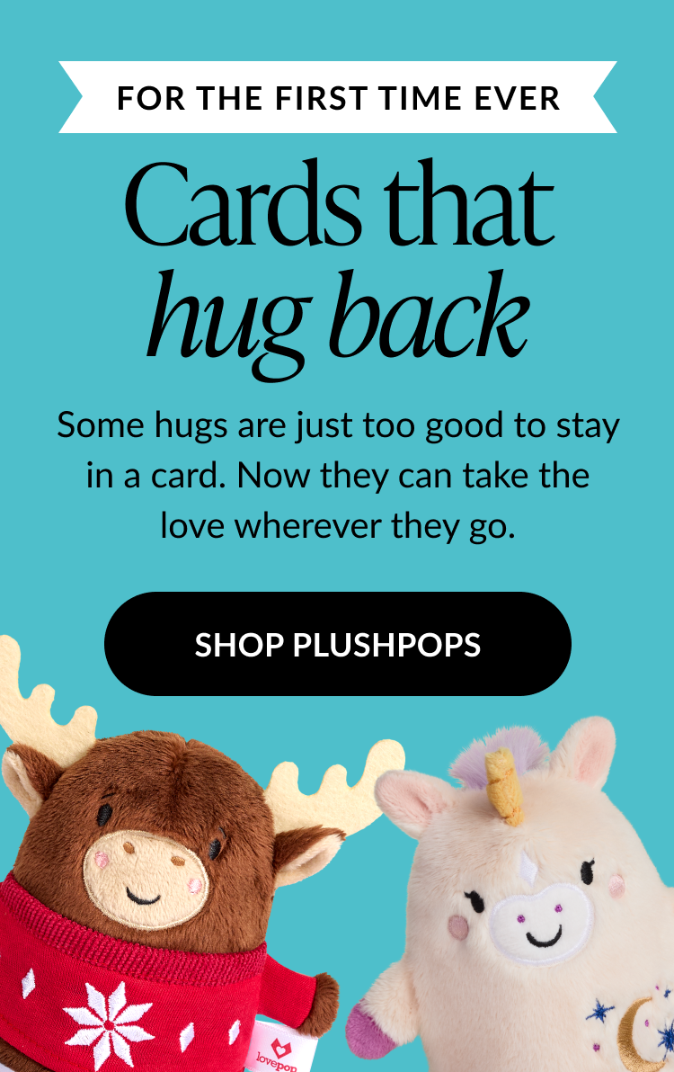 Blue background graphic with headline Cards that hug back featuring moose and unicorn plush characters and shop plushpops button