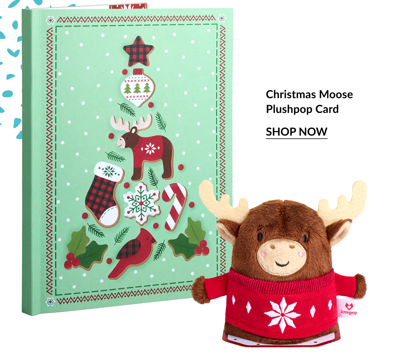 Christmas Moose Plushpop Card with green card decorated with stockings and candy canes and moose plush in red sweater and shop now