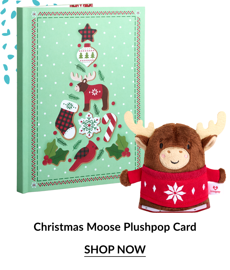 Christmas Moose Plushpop Card with green card decorated with stockings and candy canes and moose plush in red sweater and shop now