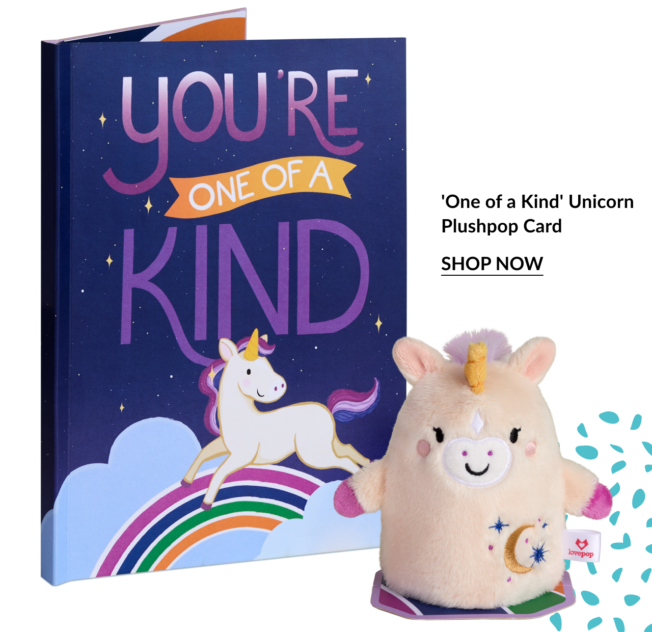 One of a Kind Unicorn Plushpop Card with dark blue rainbow card and unicorn plush and shop now