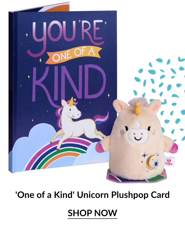 One of a Kind Unicorn Plushpop Card with dark blue rainbow card and unicorn plush and shop now