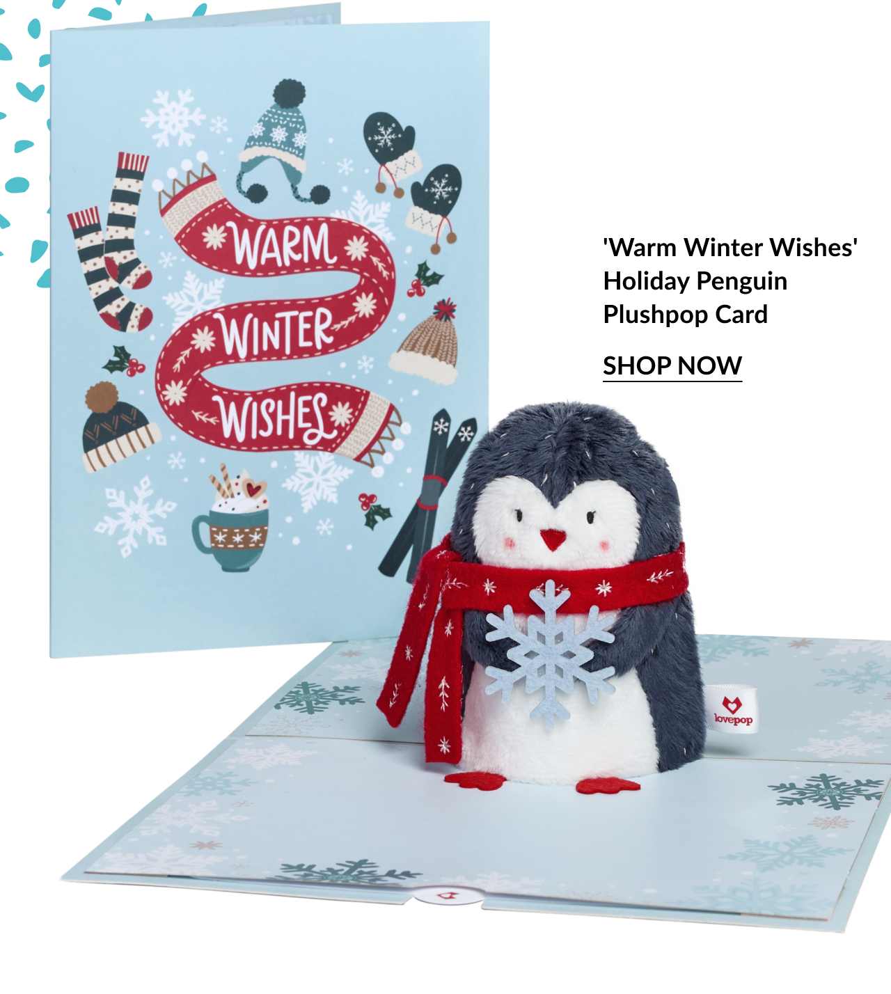 Warm Winter Wishes Holiday Penguin Plushpop Card with blue card and penguin plush in red scarf holding snowflake and shop now