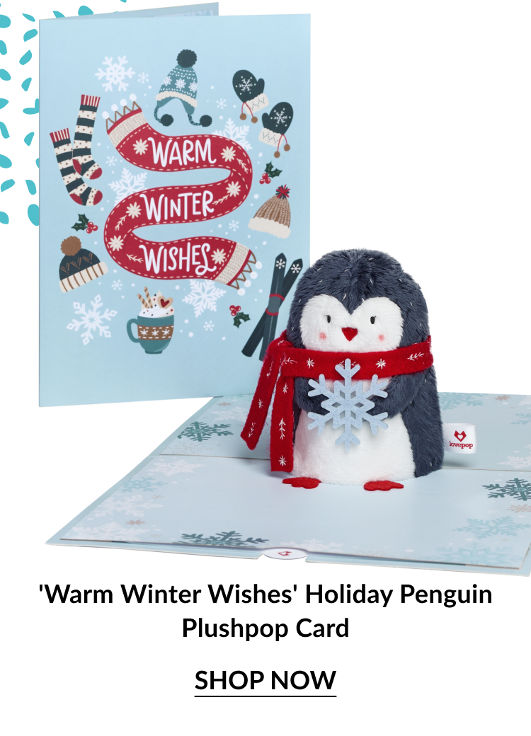Warm Winter Wishes Holiday Penguin Plushpop Card with blue card and penguin plush in red scarf holding snowflake and shop now