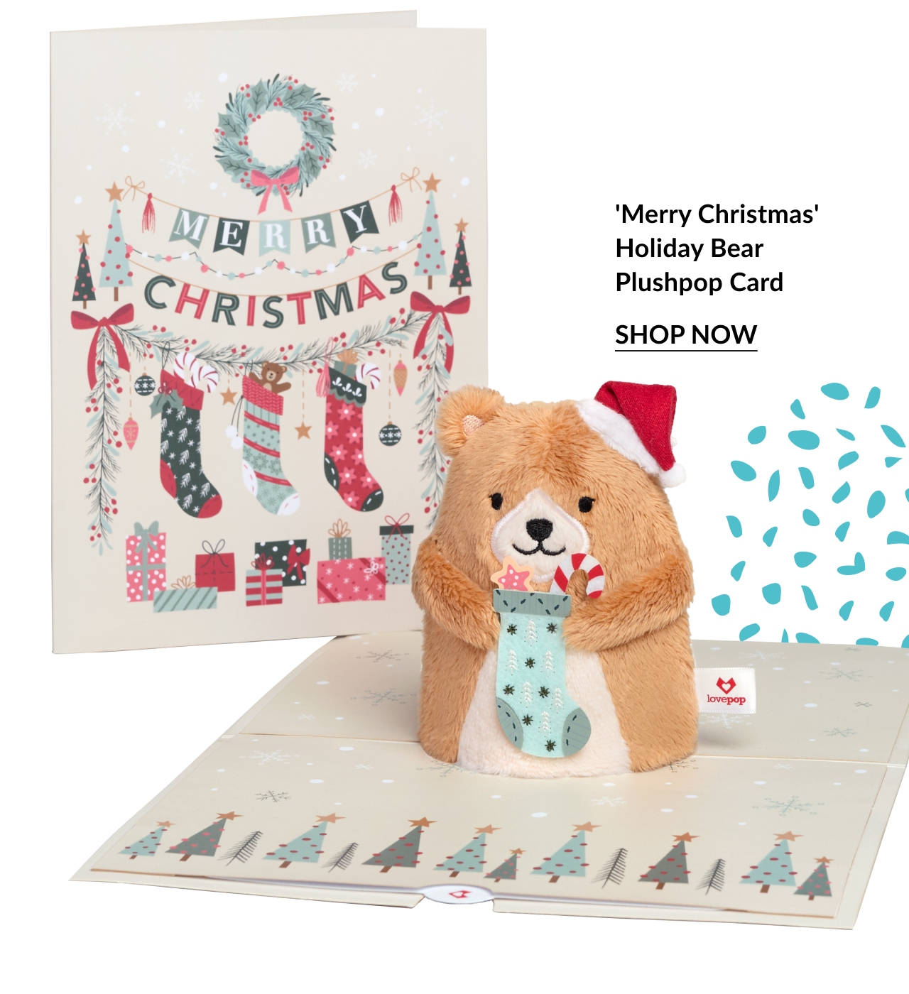 Merry Christmas Holiday Bear Plushpop Card with cream card decorated with stockings and bear plush in Santa hat and shop now