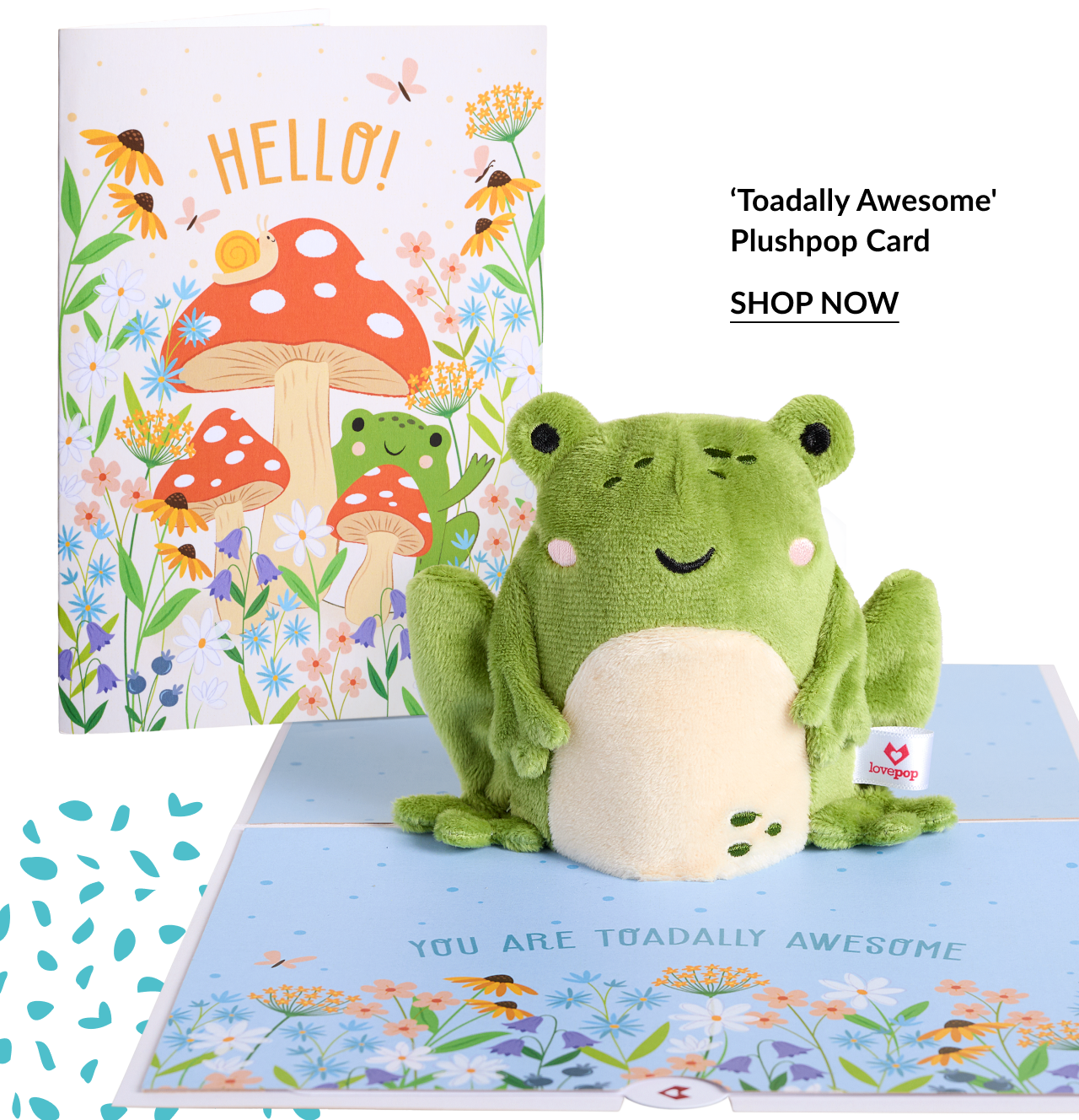 Toadally Awesome Plushpop Card with illustrated frog and mushroom card and green frog plush and shop now