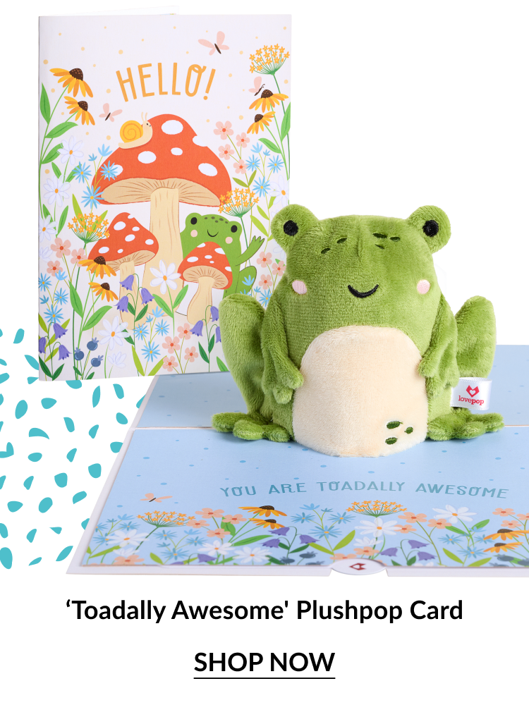 Toadally Awesome Plushpop Card with illustrated frog and mushroom card and green frog plush and shop now