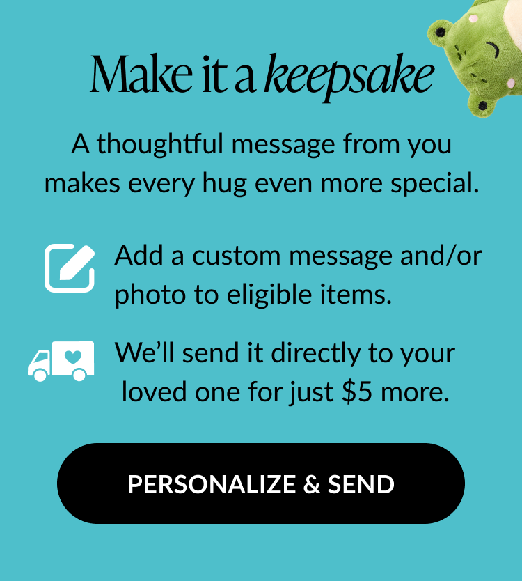 Blue background with text Make it a keepsake and message about adding a personalized note or photo with black button reading Personalize and Send