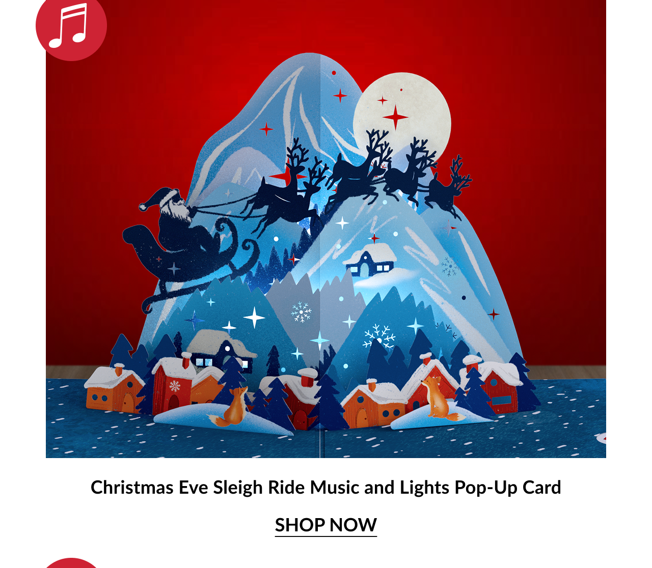 Christmas Eve Sleigh Ride Music and Lights Pop Up Card with Santa sleigh scene and shop now