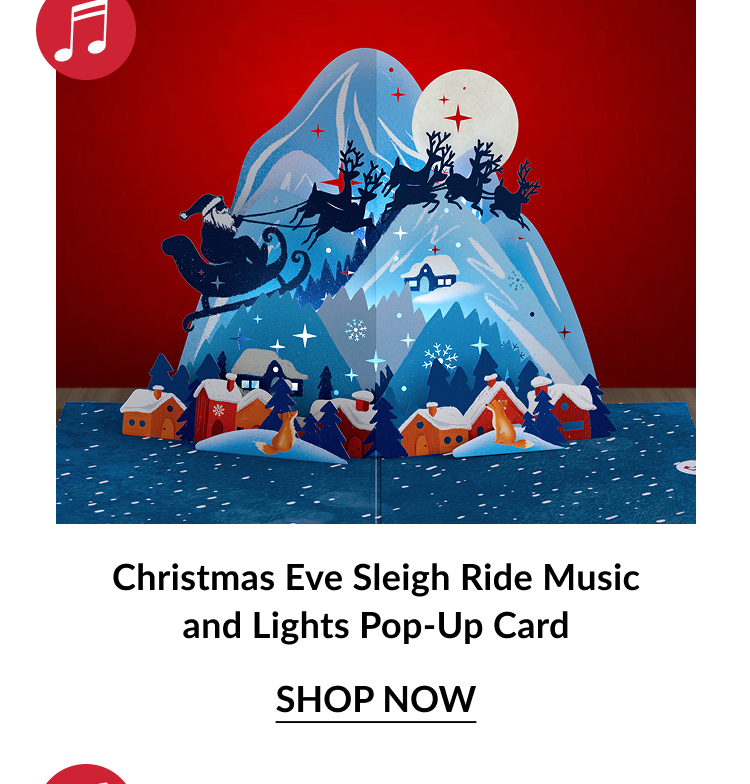 Christmas Eve Sleigh Ride Music and Lights Pop Up Card with Santa sleigh scene and shop now